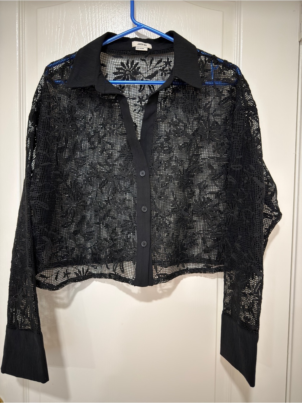 Jason Wu Black Sheer Floral Lace Cropped Button Front Blouse Women's Large